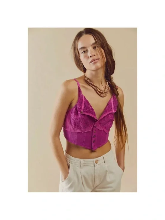 Free People Have My Heart Tank Pink Lace Cutout Corset Top Size M - Picture 2 of 6